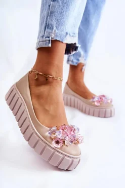 Skórzane Baleriny Na Platformie Z Kolorową Ozdobą Beżowe Ladette