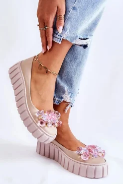 Skórzane Baleriny Na Platformie Z Kolorową Ozdobą Beżowe Ladette