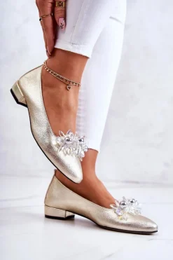 Skórzane Baleriny Z Elegancką Ozdobą Złote Millany