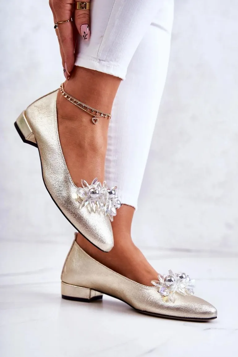 Skórzane Baleriny Z Elegancką Ozdobą Złote Millany