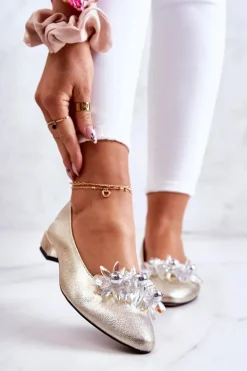 Skórzane Baleriny Z Elegancką Ozdobą Złote Millany