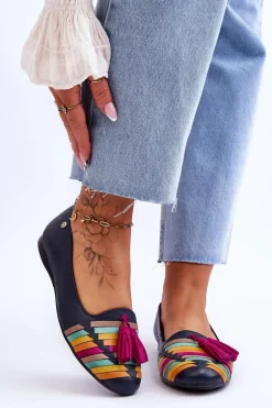 Skórzane Baleriny Z Frędzlami Maciejka 04016-17 Granatowe