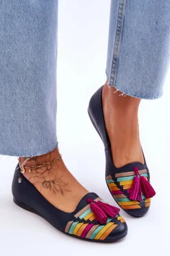 Skórzane Baleriny Z Frędzlami Maciejka 04016-17 Granatowe