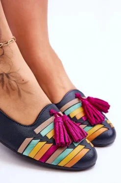 Skórzane Baleriny Z Frędzlami Maciejka 04016-17 Granatowe