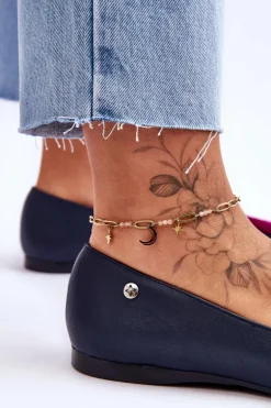 Skórzane Baleriny Z Frędzlami Maciejka 04016-17 Granatowe