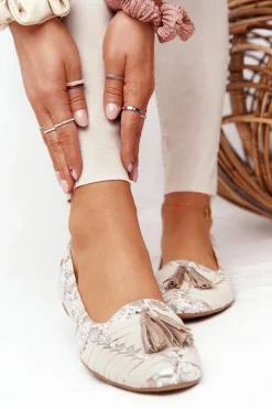 Skórzane Baleriny Z Frędzlami Maciejka 04016-25 Beżowo-Złote