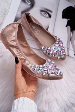 Skórzane Baleriny z Kamieniami Różowe Złoto Crystal