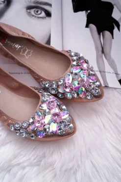 Skórzane Baleriny z Kamieniami Różowe Złoto Crystal