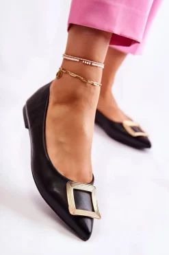 Skórzane Baleriny Z Ozdobą W Szpic Czarno-Złote Simone