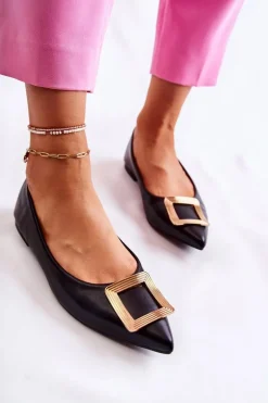 Skórzane Baleriny Z Ozdobą W Szpic Czarno-Złote Simone