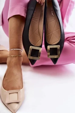 Skórzane Baleriny Z Ozdobą W Szpic Czarno-Złote Simone