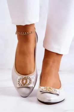Skórzane Baleriny Z Ozdobą Biało-Złote Joliet