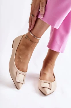 Skórzane Baleriny Z Ozdobą W Szpic Beżowe Simone