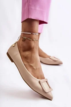 Skórzane Baleriny Z Ozdobą W Szpic Beżowe Simone