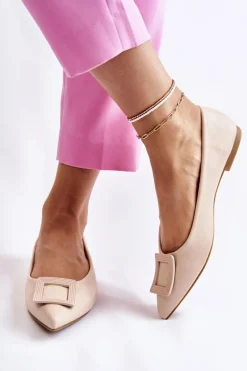 Skórzane Baleriny Z Ozdobą W Szpic Beżowe Simone