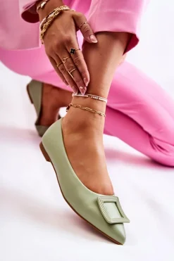 Skórzane Baleriny Z Ozdobą W Szpic Zielone Simone