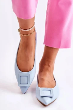 Skórzane Baleriny Z Ozdobą W Szpic Niebieskie Simone