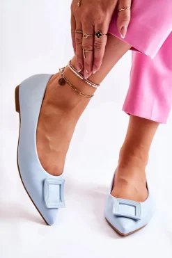 Skórzane Baleriny Z Ozdobą W Szpic Niebieskie Simone