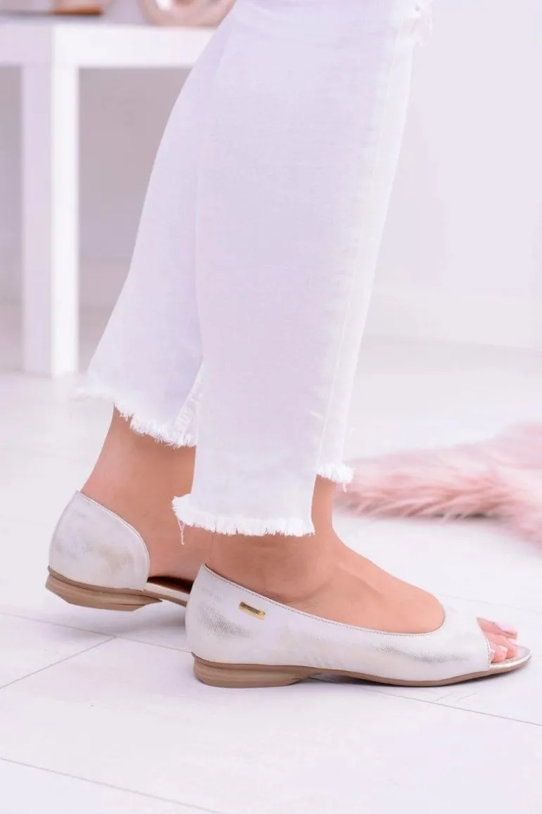 Skórzane Beżowe Baleriny Maciejka Peep Toe Verma