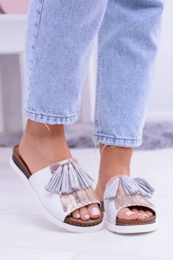 Skórzane Białe Eleganckie Klapki Maciejka Resto