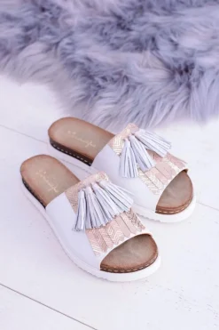 Skórzane Białe Eleganckie Klapki Maciejka Resto