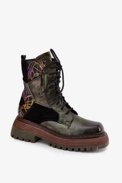 Skórzane Botki Damskie Na Platformie Maciejka 07104-09 Ciemnozielone