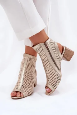 Skórzane Botki Damskie Na Obcasie Z Odkrytą Piętą Maciejka 06899-25 Złoto-Beżowe