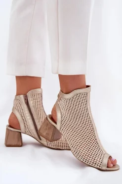 Skórzane Botki Damskie Na Obcasie Z Odkrytą Piętą Maciejka 06899-25 Złoto-Beżowe