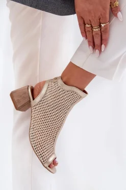 Skórzane Botki Damskie Na Obcasie Z Odkrytą Piętą Maciejka 06899-25 Złoto-Beżowe