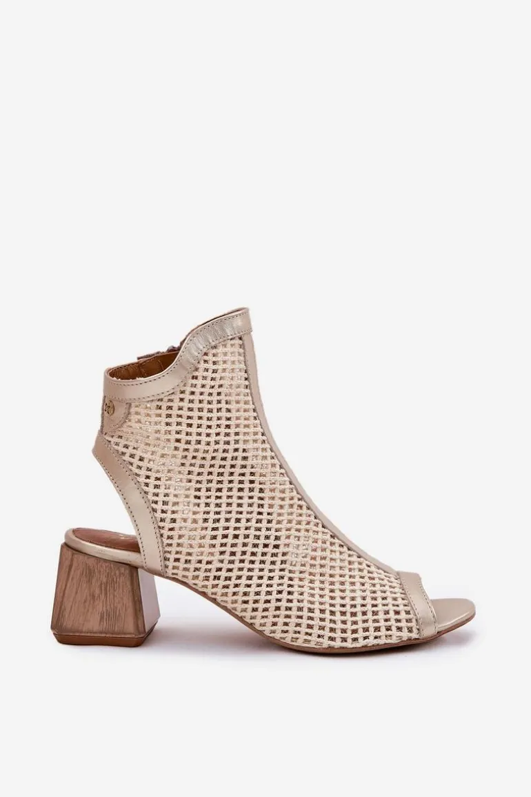 Skórzane Botki Damskie Na Obcasie Z Odkrytą Piętą Maciejka 06899-25 Złoto-Beżowe