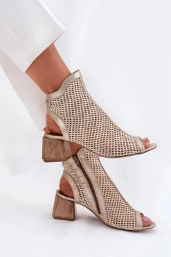 Skórzane Botki Damskie Na Obcasie Z Odkrytą Piętą Maciejka 06899-25 Złoto-Beżowe