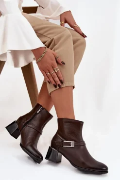 Skórzane Botki Damskie Na Obcasie Z Klamrą Zazoo 60562 Czekoladowe