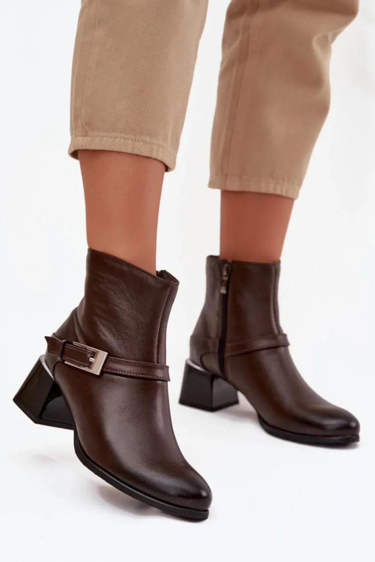 Skórzane Botki Damskie Na Obcasie Z Klamrą Zazoo 60562 Czekoladowe