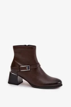 Skórzane Botki Damskie Na Obcasie Z Klamrą Zazoo 60562 Czekoladowe