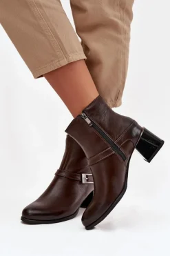 Skórzane Botki Damskie Na Obcasie Z Klamrą Zazoo 60562 Czekoladowe