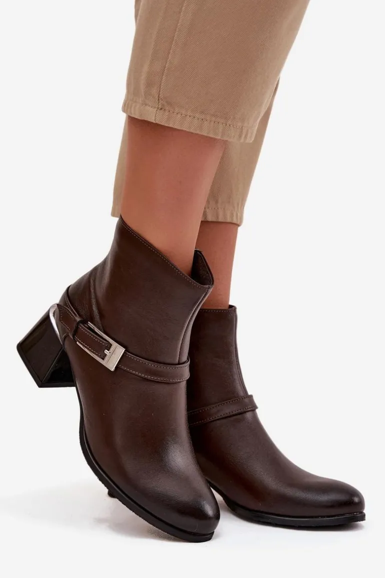 Skórzane Botki Damskie Na Obcasie Z Klamrą Zazoo 60562 Czekoladowe