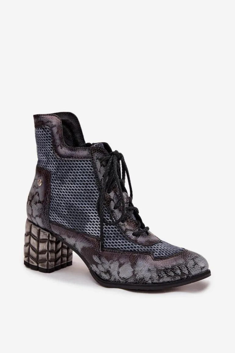 Skórzane Botki Damskie Na Słupku Maciejka 06989-03 Szare