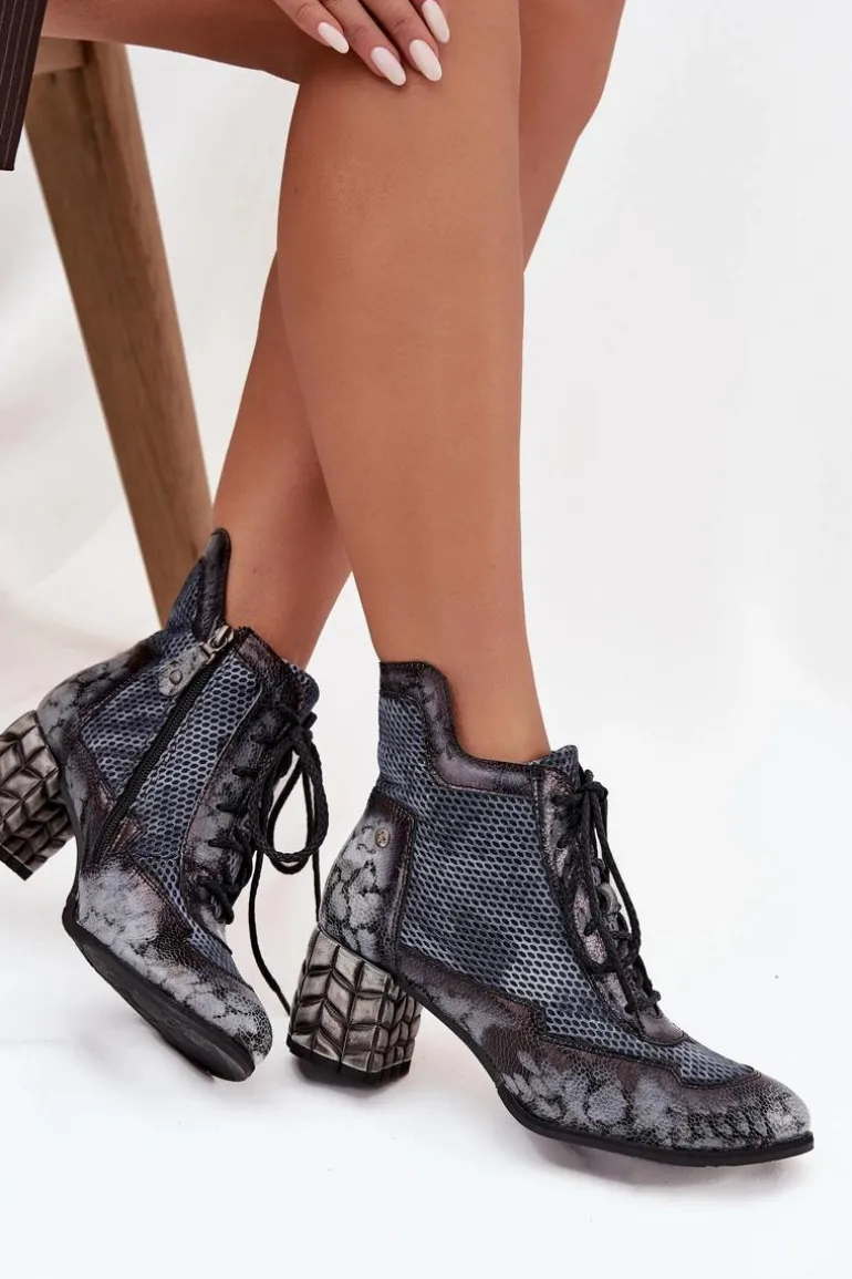 Skórzane Botki Damskie Na Słupku Maciejka 06989-03 Szare