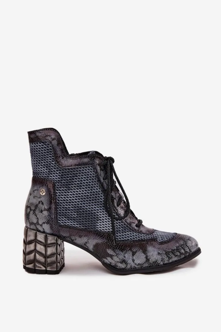 Skórzane Botki Damskie Na Słupku Maciejka 06989-03 Szare