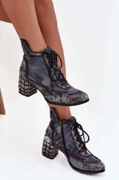 Skórzane Botki Damskie Na Słupku Maciejka 06989-03 Szare