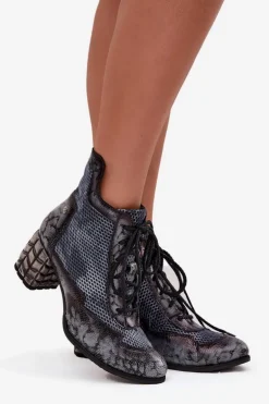 Skórzane Botki Damskie Na Słupku Maciejka 06989-03 Szare