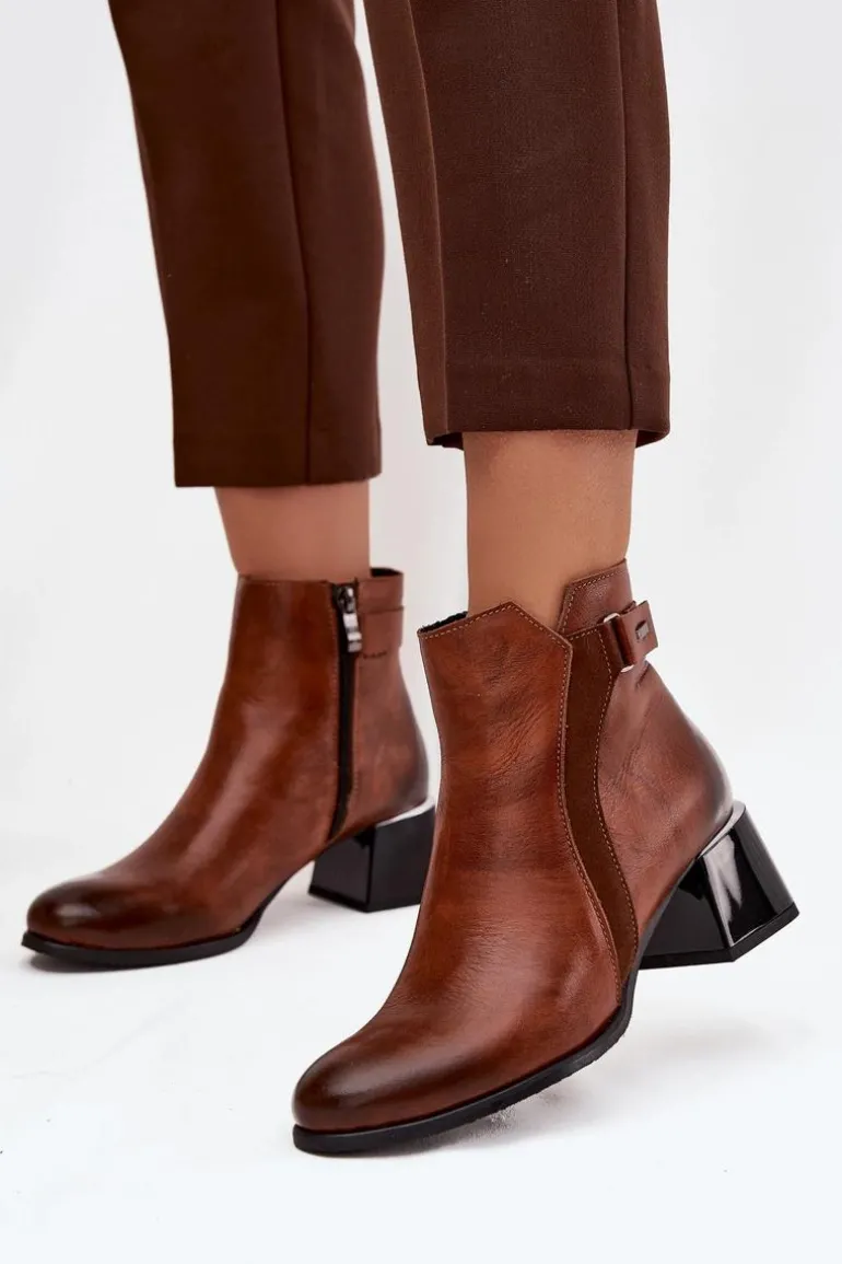 Skórzane Botki Damskie Na Obcasie Ocieplane Zazoo 60563 Brązowe