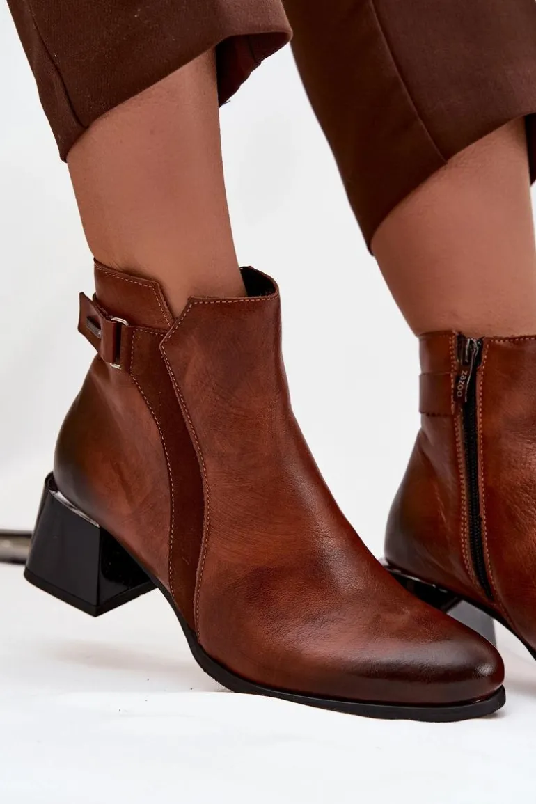 Skórzane Botki Damskie Na Obcasie Ocieplane Zazoo 60563 Brązowe
