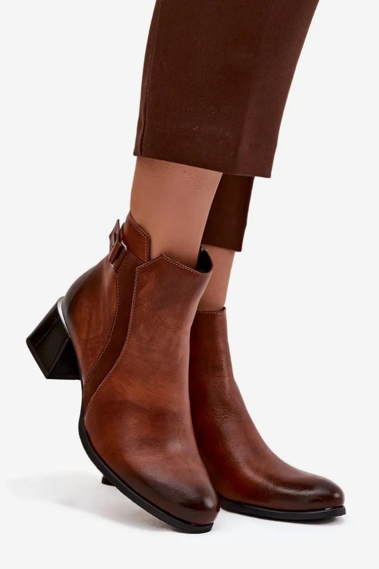 Skórzane Botki Damskie Na Obcasie Ocieplane Zazoo 60563 Brązowe