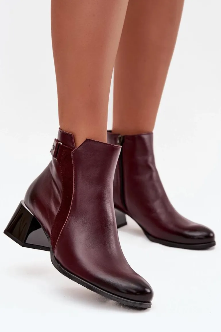 Skórzane Botki Damskie Na Obcasie Ocieplane Zazoo 60563 Bordowe