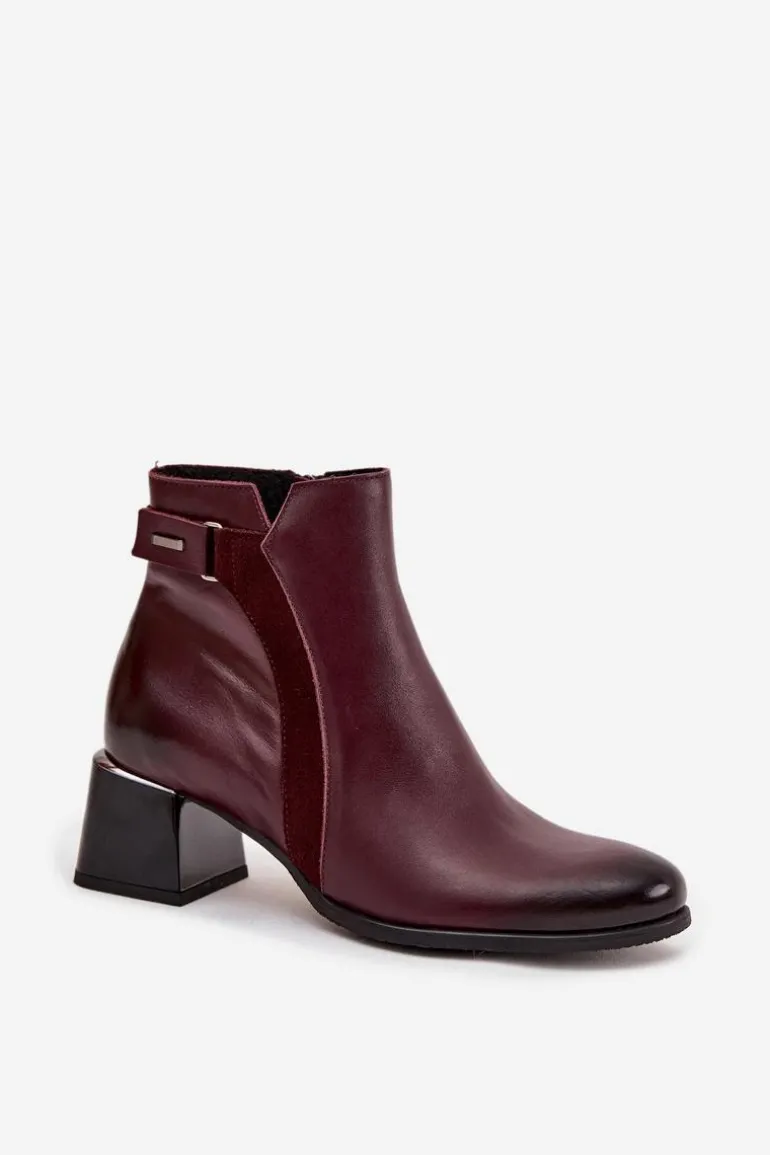 Skórzane Botki Damskie Na Obcasie Ocieplane Zazoo 60563 Bordowe