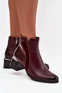 Skórzane Botki Damskie Na Obcasie Ocieplane Zazoo 60563 Bordowe