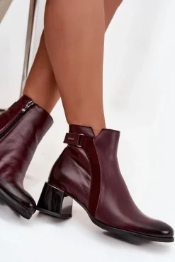 Skórzane Botki Damskie Na Obcasie Ocieplane Zazoo 60563 Bordowe