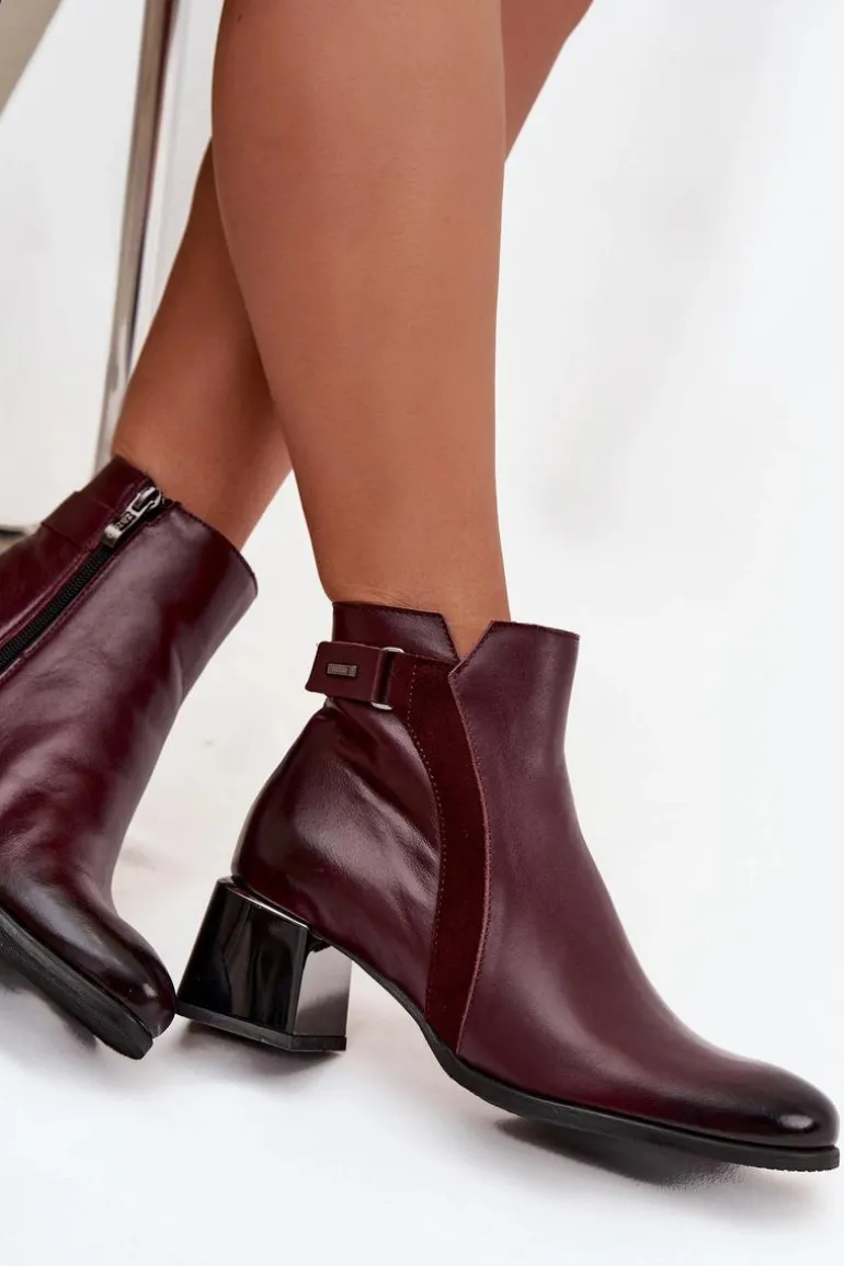 Skórzane Botki Damskie Na Obcasie Ocieplane Zazoo 60563 Bordowe