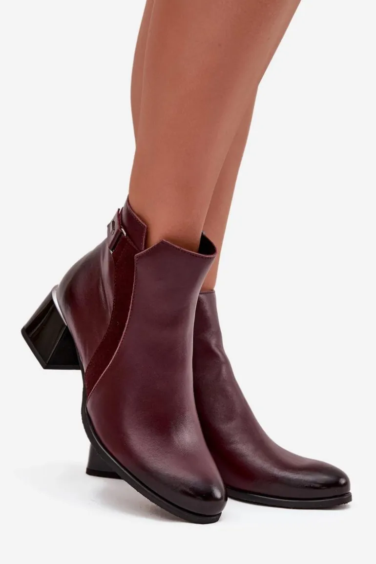 Skórzane Botki Damskie Na Obcasie Ocieplane Zazoo 60563 Bordowe